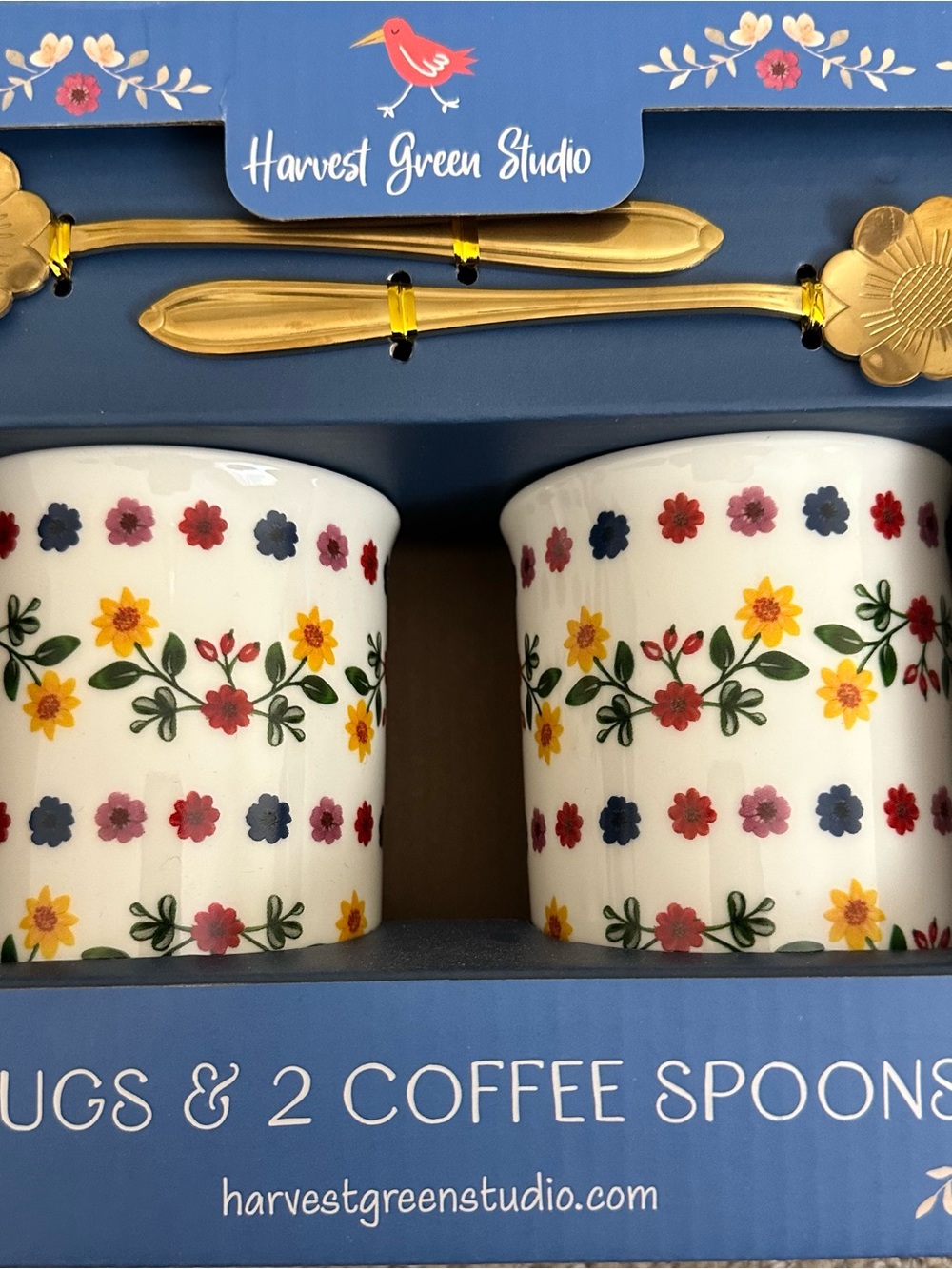 Harvest Green Studio Floral Mugs & Gold Spoons - Brand New